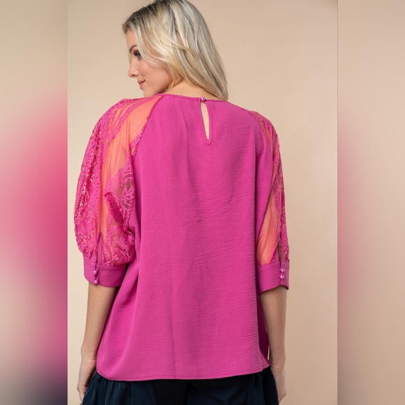 White Birch Round Neck Lace Half Sleeve Blouse - Picture 3 of 6